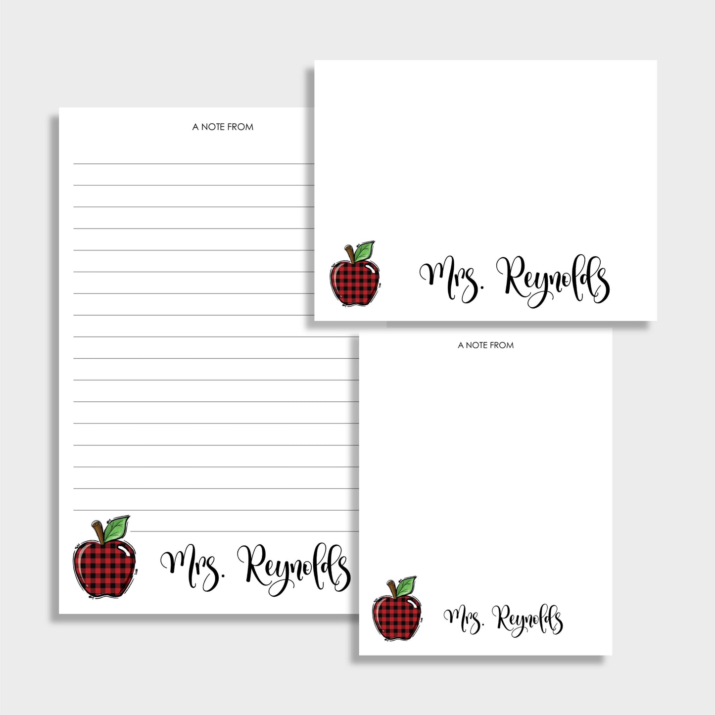 Apple Personalized Teacher Stationery Set, Set of 2 Notepads & Set of Notecards