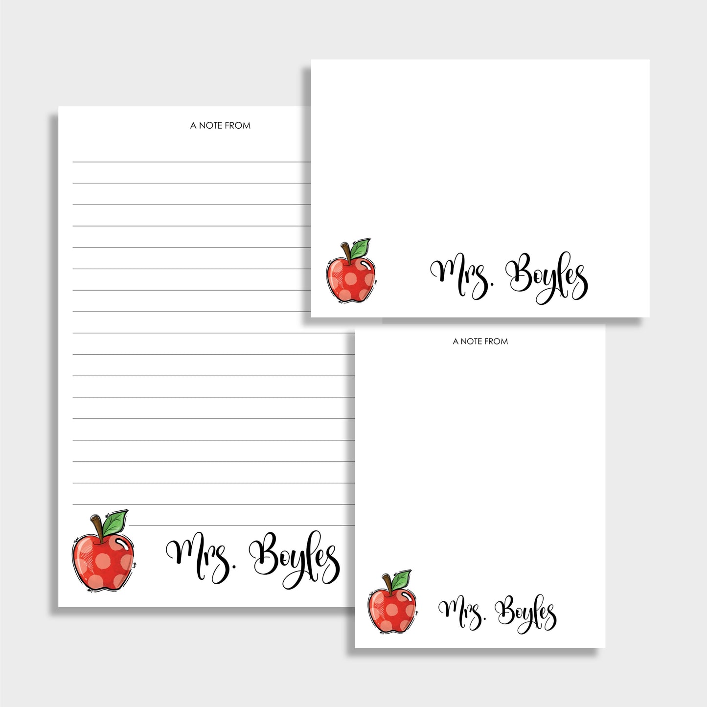 Apple Personalized Teacher Stationery Set, Set of 2 Notepads & Set of Notecards