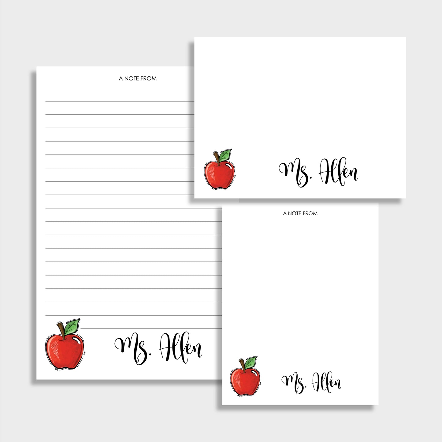 Apple Personalized Teacher Stationery Set, Set of 2 Notepads & Set of Notecards