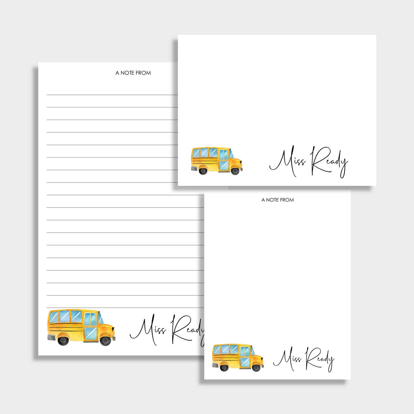 School Bus Personalized Teacher Stationery Set, Set of 2 Notepads & Set of Notecards