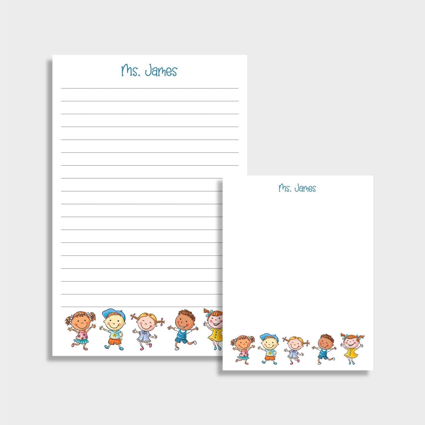 Children Personalized Pre-School Teacher Stationery Set, Set of 2 Notepads & Set of Notecards