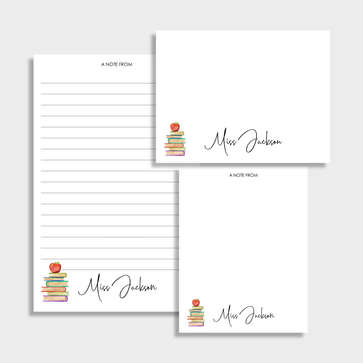 Books with Apple Personalized Teacher Stationery Set, Set of 2 Notepads & Set of Notecards