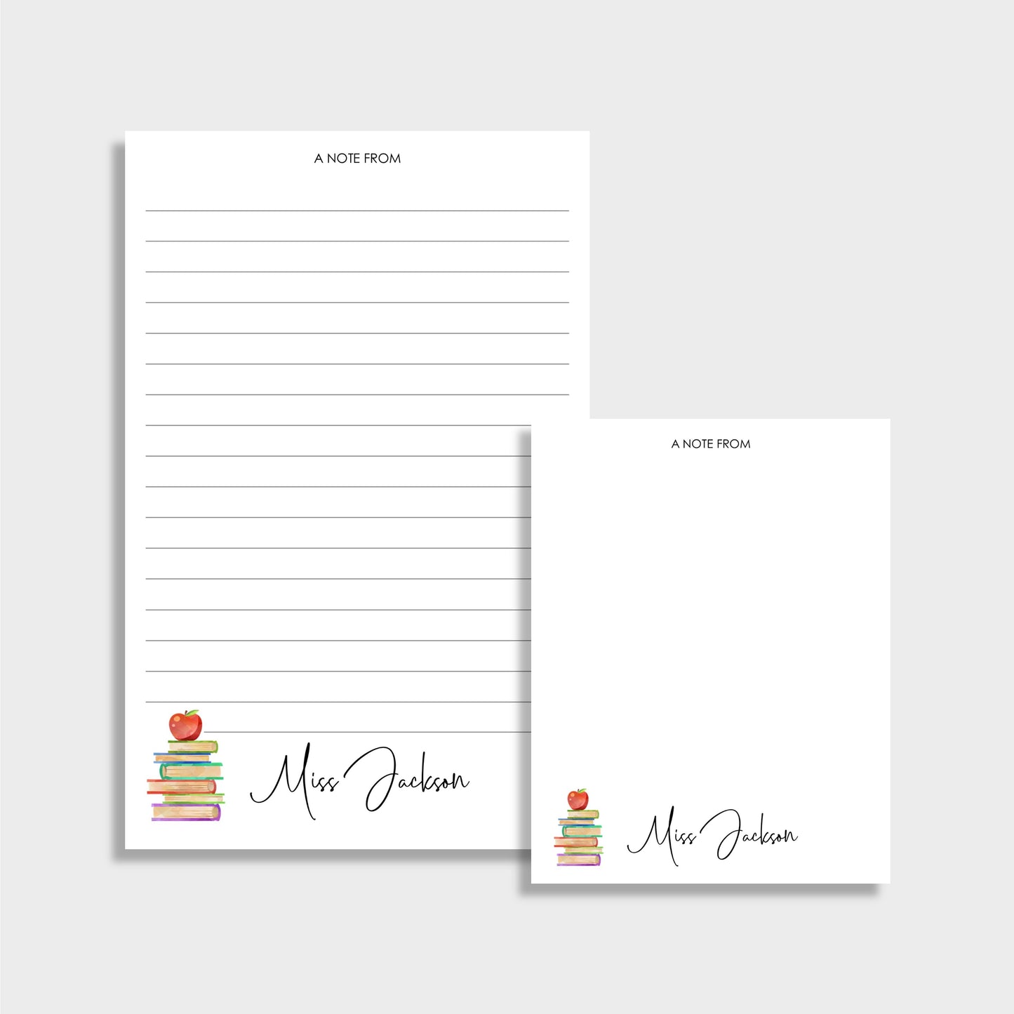 Books with Apple Personalized Teacher Stationery Set, Set of 2 Notepads & Set of Notecards