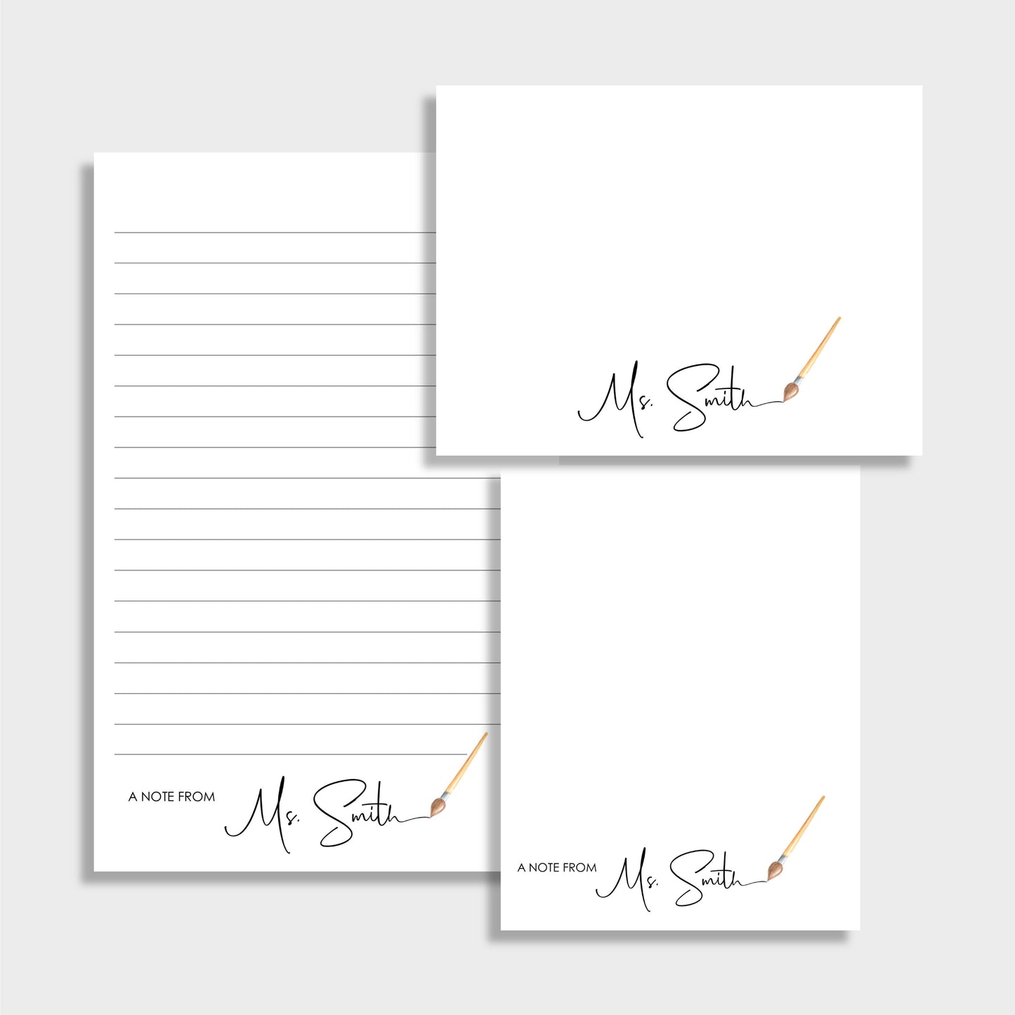 Brush Writing Personalized Art Teacher Stationery Set, Set of 2 Notepads & Set of Notecards