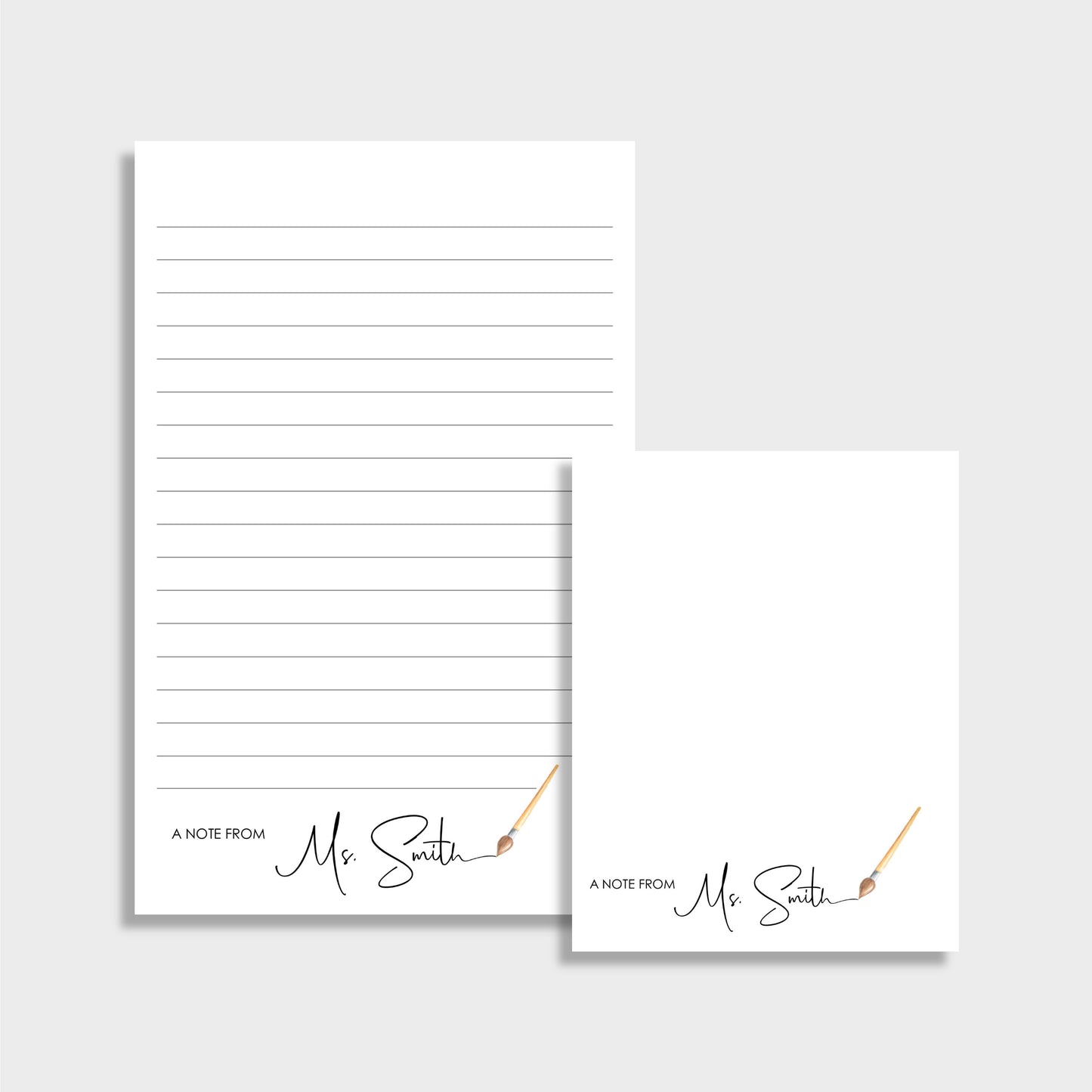 Brush Writing Personalized Art Teacher Stationery Set, Set of 2 Notepads & Set of Notecards