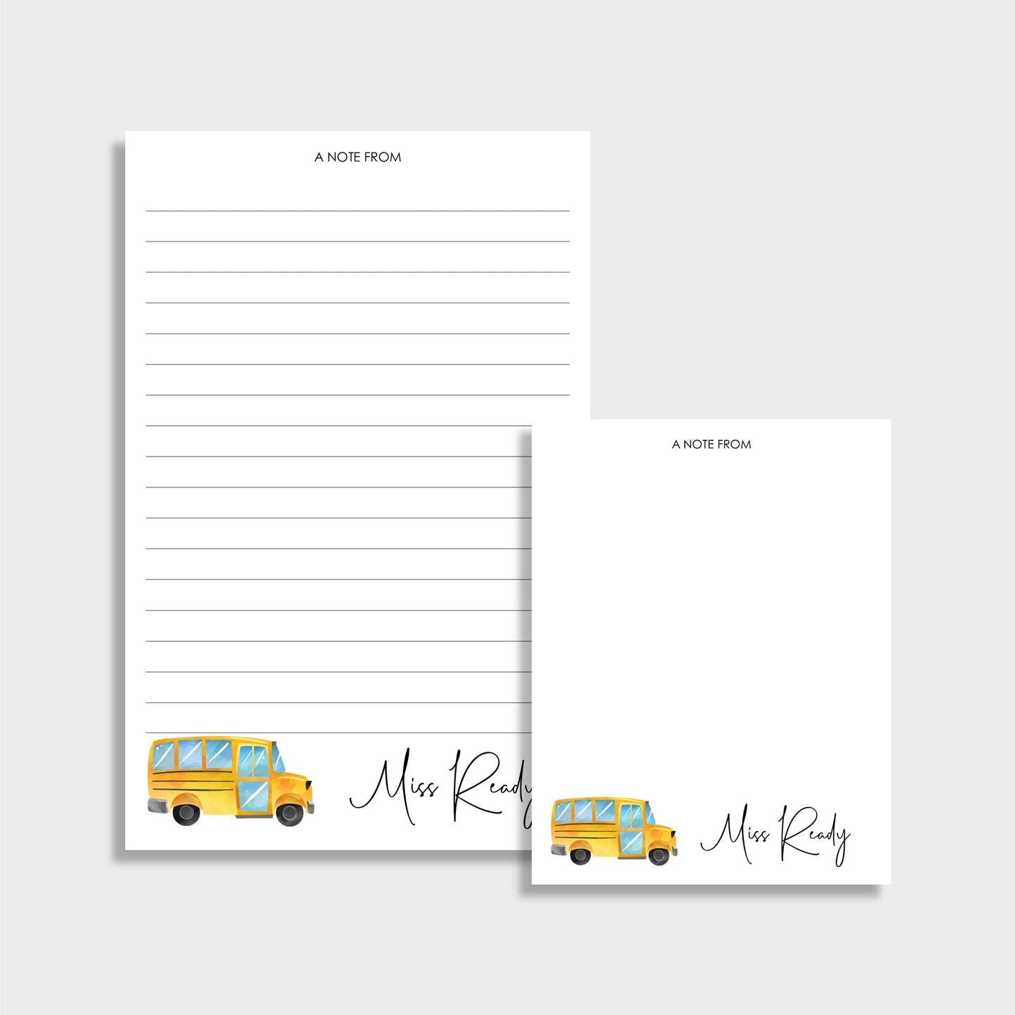School Bus Personalized Teacher Stationery Set, Set of 2 Notepads & Set of Notecards