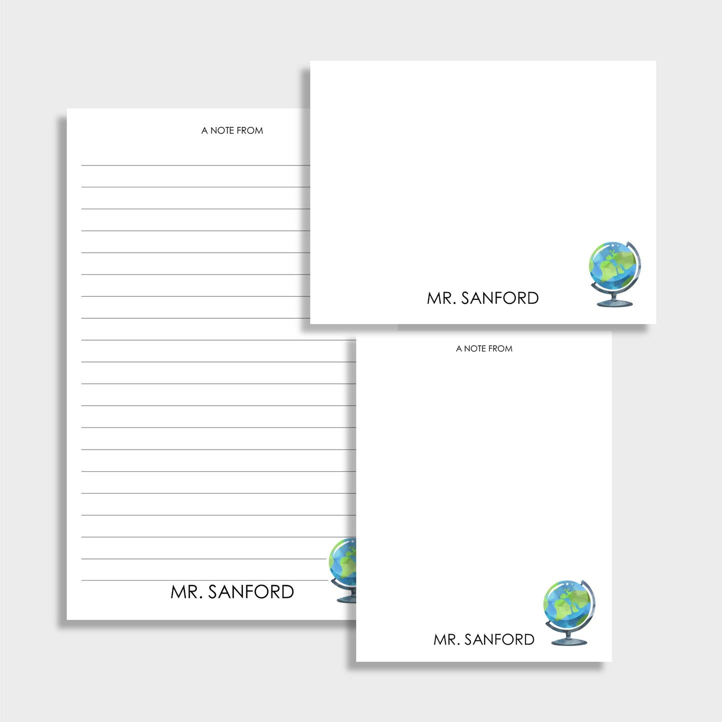 Globe Personalized Teacher Stationery Set, Set of 2 Notepads & Set of Notecards