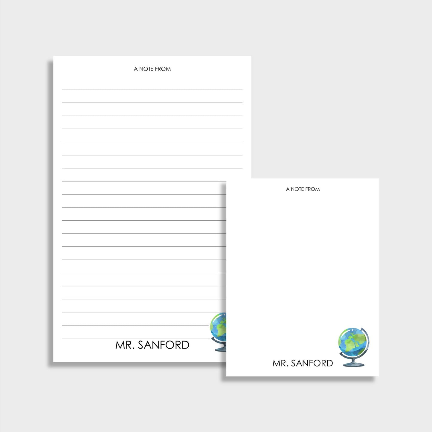Globe Personalized Teacher Stationery Set, Set of 2 Notepads & Set of Notecards