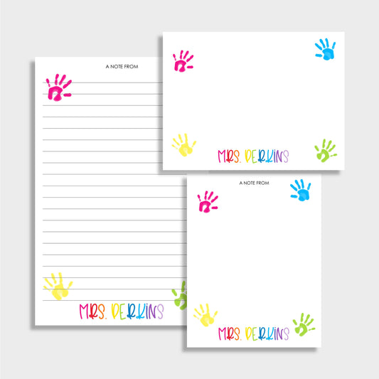 Little Hands Personalized Pre-School Teacher Stationery Set, Set of 2 Notepads & Set of Notecards