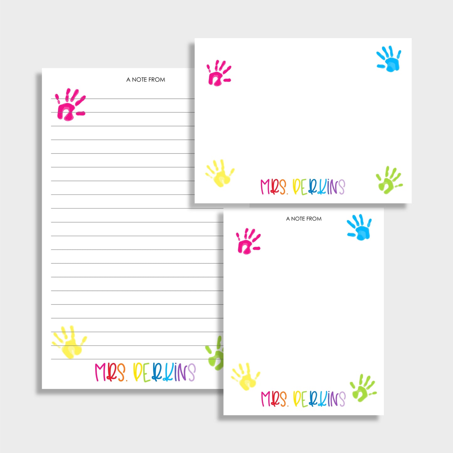 Little Hands Personalized Pre-School Teacher Stationery Set, Set of 2 Notepads & Set of Notecards