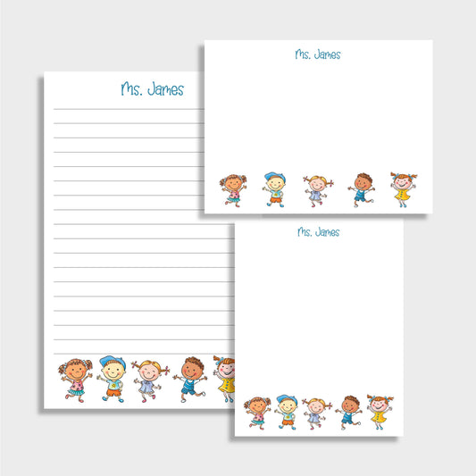 Children Personalized Pre-School Teacher Stationery Set, Set of 2 Notepads & Set of Notecards
