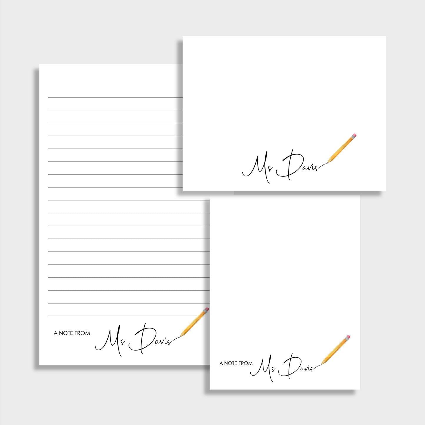 Pencil Writing Personalized Teacher Stationery Set, Set of 2 Notepads & Set of Notecards