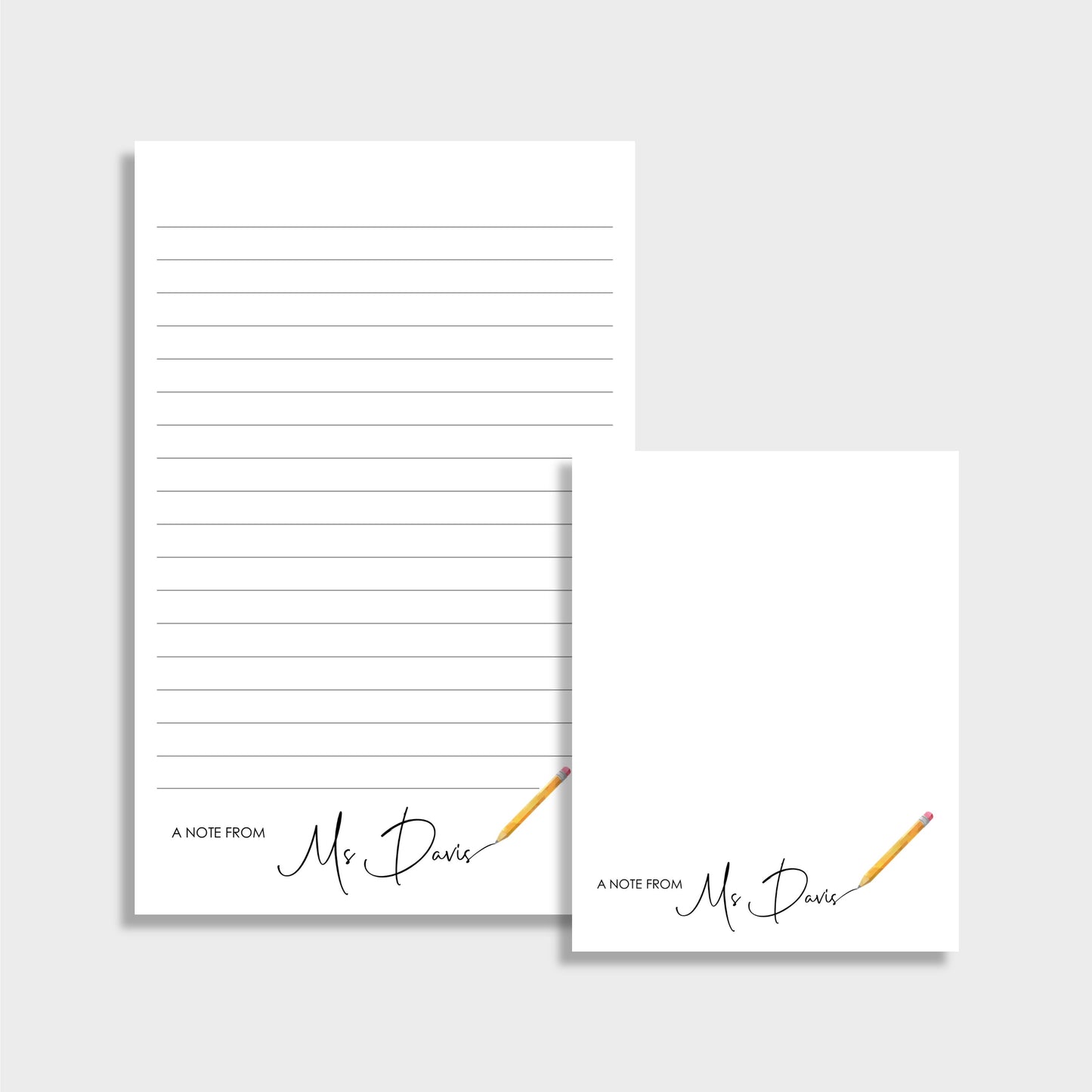 Pencil Writing Personalized Teacher Stationery Set, Set of 2 Notepads & Set of Notecards