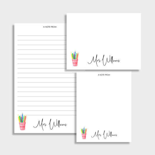 Cup of Pencils Personalized Teacher Stationery Set, Set of 2 Notepads & Set of Notecards