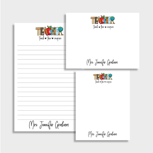 Teach, Love, Inspire Personalized Teacher Stationery Set, Set of 2 Notepads & Set of Notecards