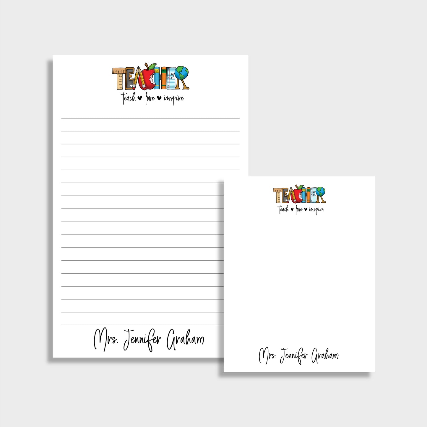 Teach, Love, Inspire Personalized Teacher Stationery Set, Set of 2 Notepads & Set of Notecards